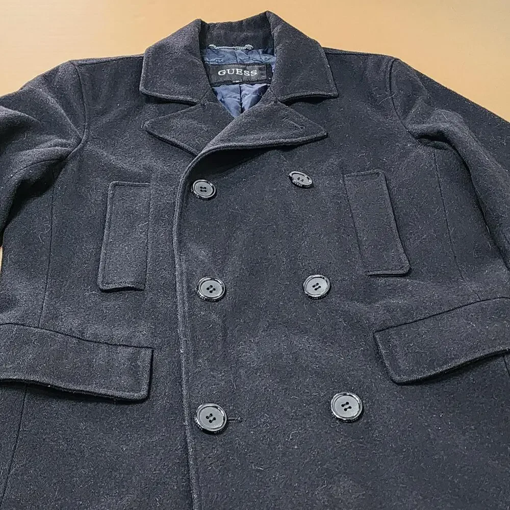 GUESS Pea Coat Mens Medium Black Wool Blend Quilted Double Breasted Winter